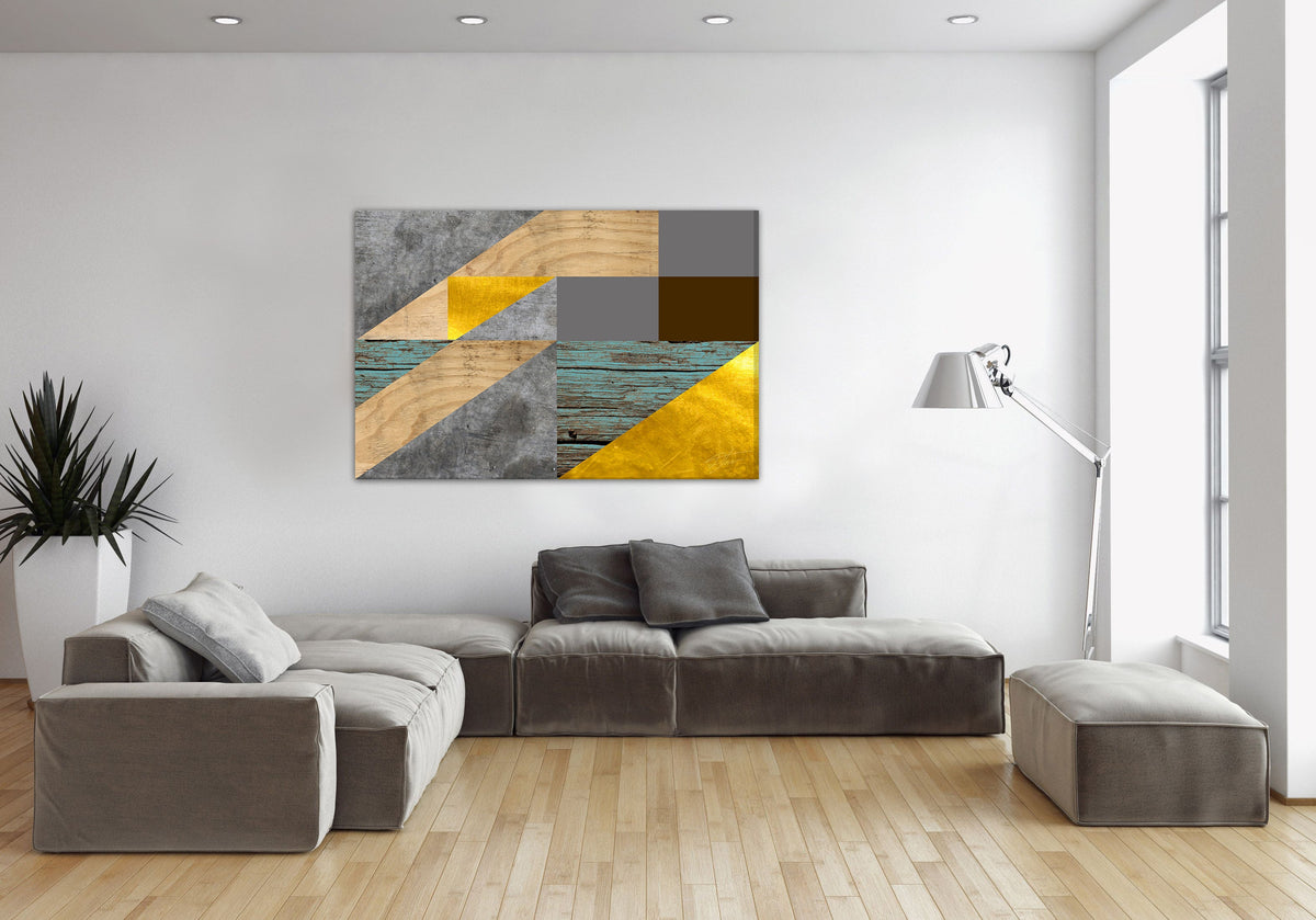 În stil scandinav tablou pe pânză cu motivul The Tender Intensity, accente aurii, hartă, natură în gri-turcoaz nuanțe agățat în interiorul birou de lucru – interior