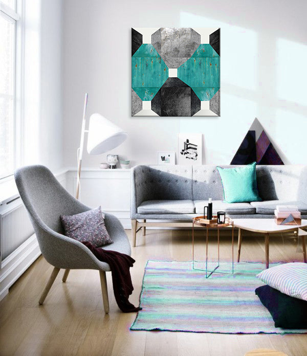 Geometric tablou pe pânză cu motivul In The Garden, natură în alb-albastru nuanțe agățat în interiorul birou de lucru, atmosferă sofisticată – interior