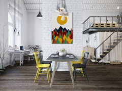 Modern tablou pe pânză cu motivul Ephemeral Nature, munți, soare în violet-albastru nuanțe agățat în interiorul sufragerie, atmosferă veselă, natură și aventură – interior