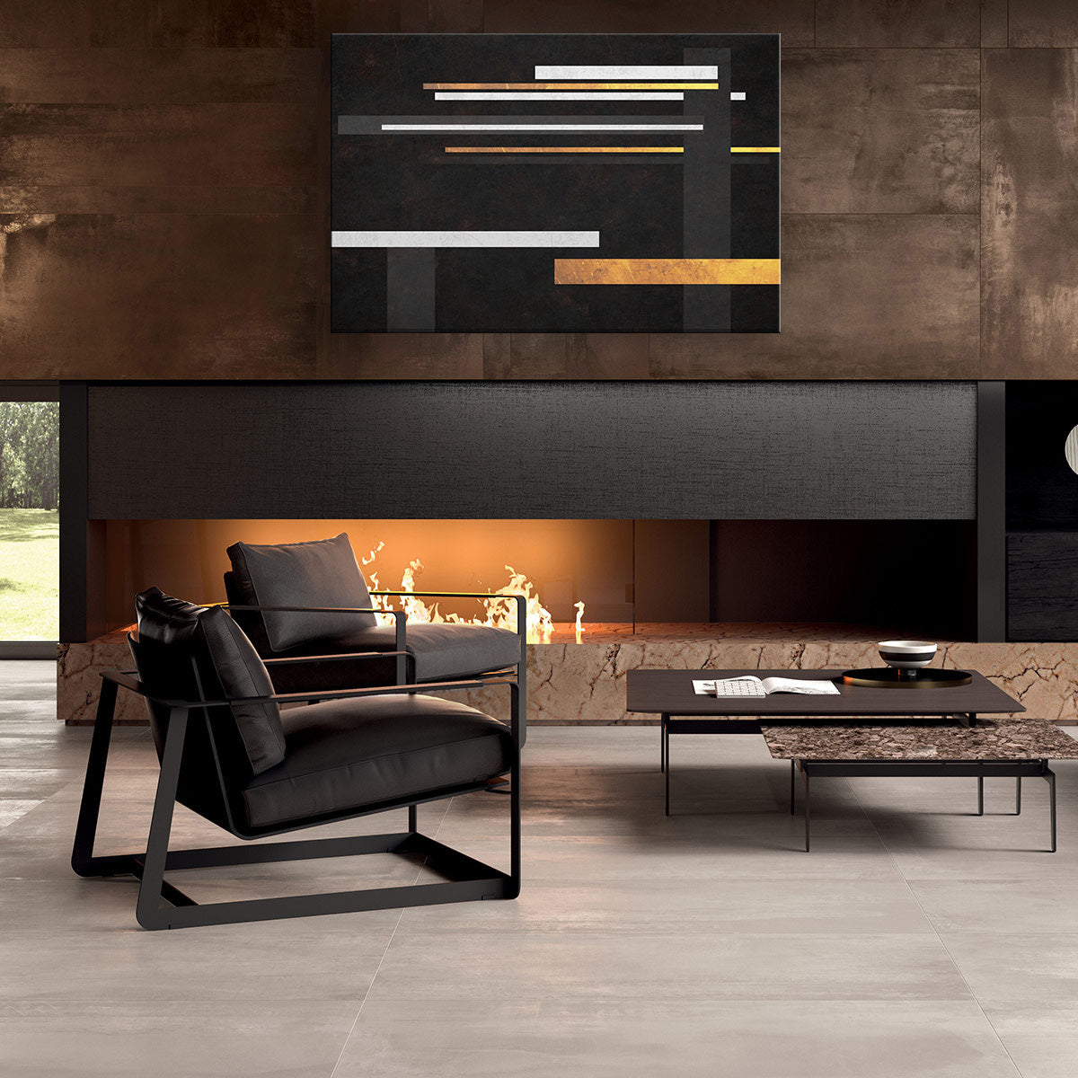 Modern tablou pe pânză cu motivul Lost Movement în violet-albastru nuanțe agățat în interiorul sufragerie, atmosferă sofisticată, impresie de lux – interior