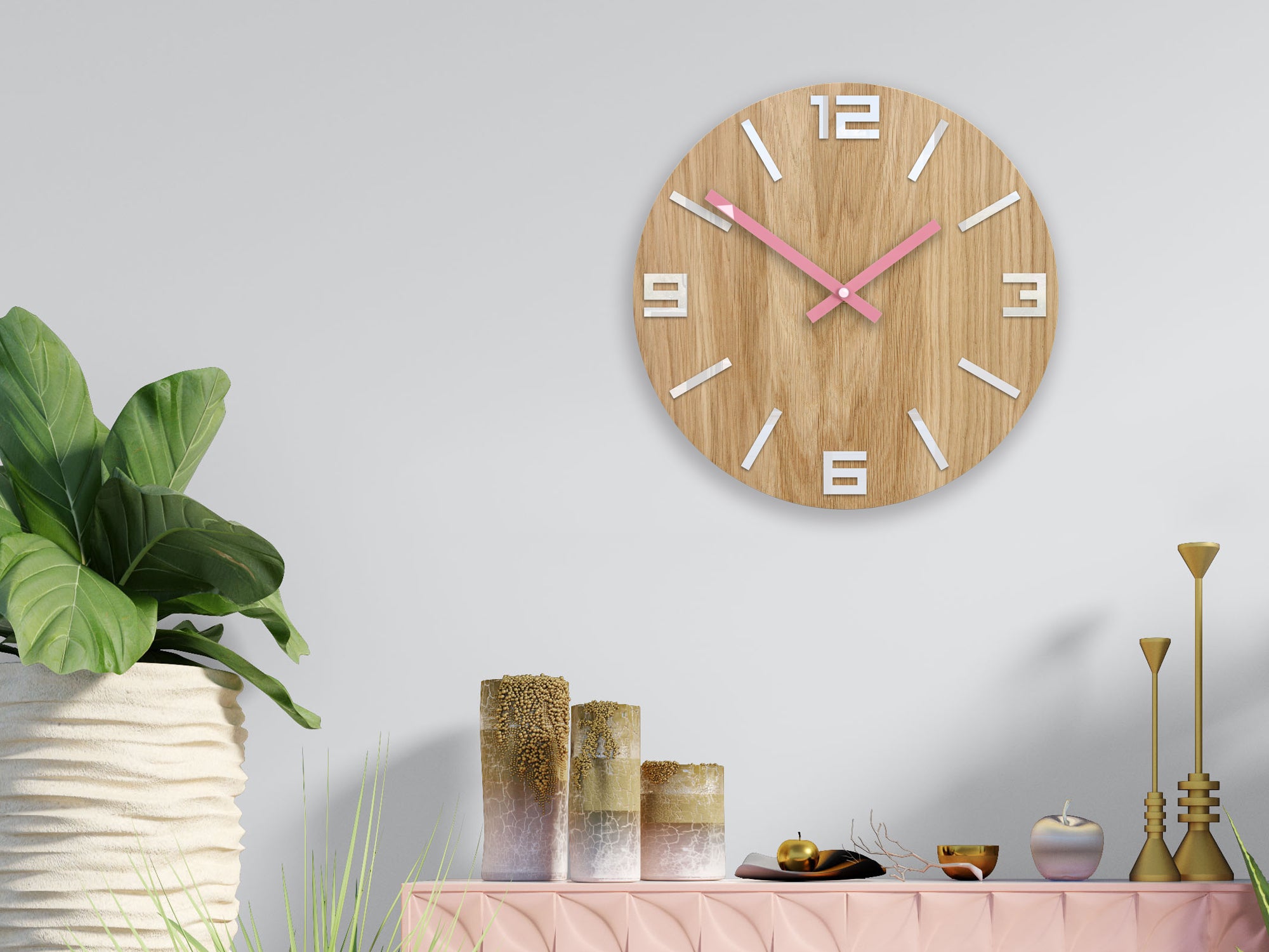 Ceas de perete din lemn ARABIC alb-roz
