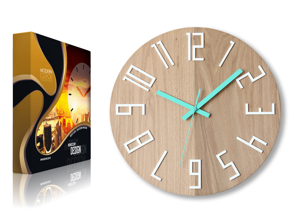 Ceas de perete din lemn SLIM Alb-Mentol