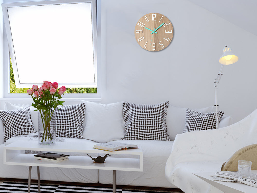 Ceas de perete din lemn SLIM Alb-Mentol