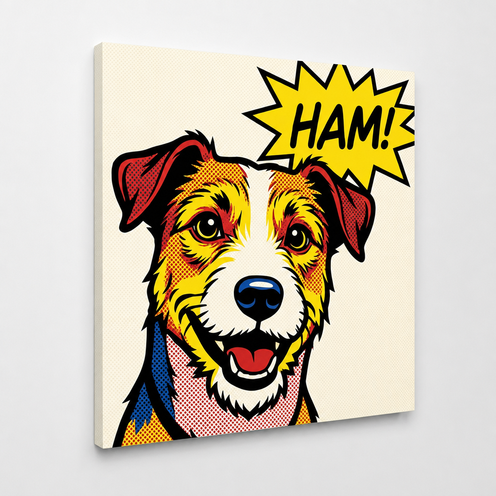 O pânză imprimată cu un portret pop art al unei femei zâmbitoare, cu un fundal vibrant roșu, galben și albastru, este prezentată pe un șasiu din lemn, Papilora.