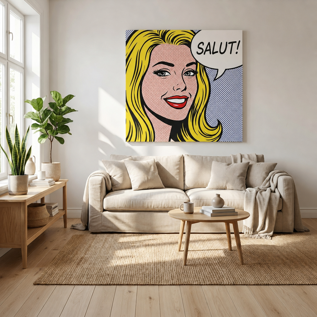 Un portret pop art colorat al unei femei zâmbitoare, cu un fundal roșu, galben și albastru, este agățat într-un interior modern, deasupra unei console din lemn cu o vază și o lumânare, Papilora.