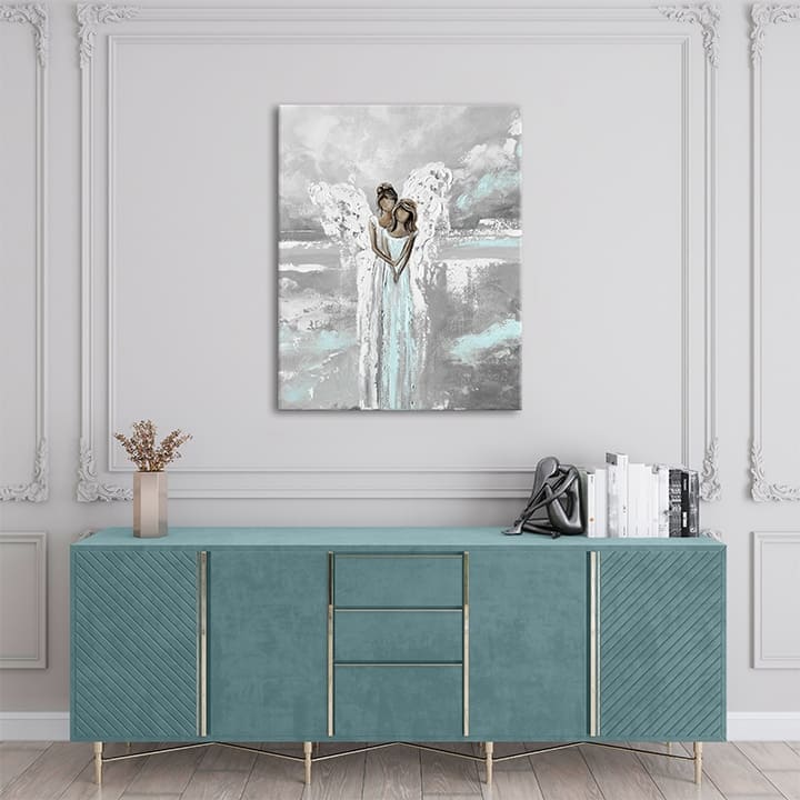 Modern tablou pe pânză cu motivul Nebeské objatie, înger, motiv pentru copii, hartă, motiv religios în alb-albastru nuanțe, atmosferă liniștită, potrivit pentru dormitor – produs