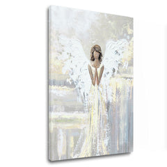 În stil scandinav tablou pe pânză cu motivul Modlitba, înger, hartă, motiv religios în alb-bej nuanțe, atmosferă liniștită, potrivit pentru dormitor – principală