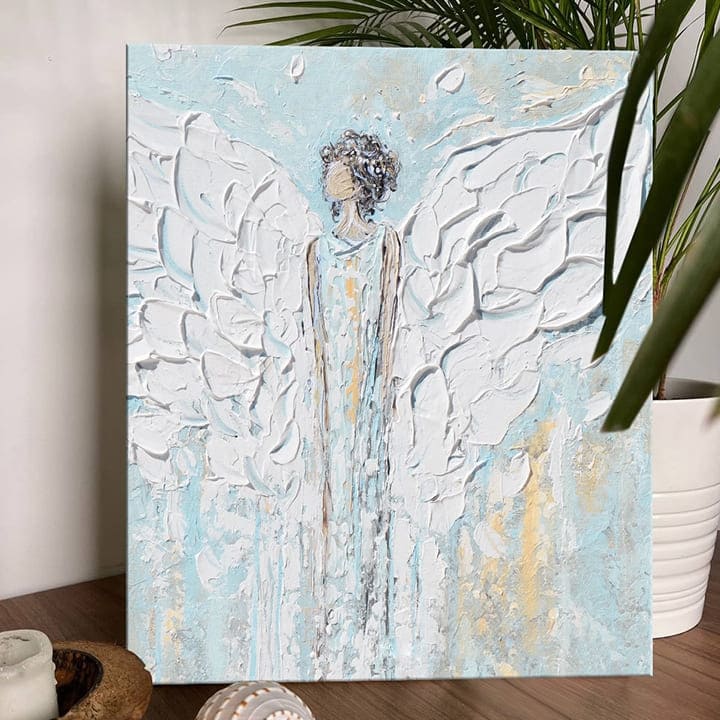 Clasic tablou pe pânză cu motivul Tajomný šepot, înger, motiv religios în alb-albastru nuanțe, atmosferă liniștită, spiritualitate și pace și echilibru – produs