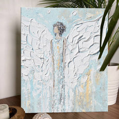 Clasic tablou pe pânză cu motivul Tajomný šepot, înger, motiv religios în alb-albastru nuanțe, atmosferă liniștită, spiritualitate și pace și echilibru – produs