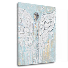 Clasic tablou pe pânză cu motivul Tajomný šepot, înger, motiv religios în alb-albastru nuanțe, atmosferă liniștită, spiritualitate și pace și echilibru – principală