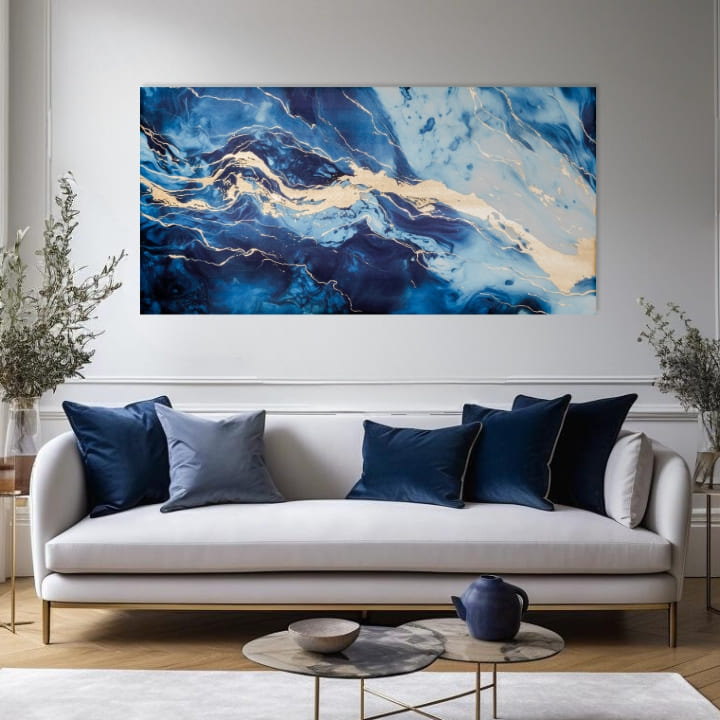 În stil boho tablou pe pânză cu motivul Abstraktná Morská Vízia, mare și plajă în albastru-auriu nuanțe, atmosferă liniștită, natură și impresie de lux – produs