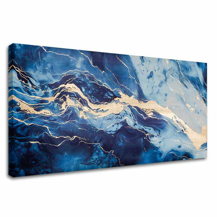 În stil boho tablou pe pânză cu motivul Abstraktná Morská Vízia, mare și plajă în albastru-auriu nuanțe, atmosferă liniștită, natură și impresie de lux – principală