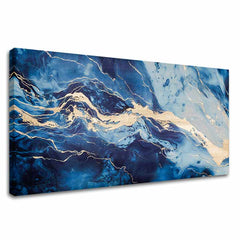 În stil boho tablou pe pânză cu motivul Abstraktná Morská Vízia, mare și plajă în albastru-auriu nuanțe, atmosferă liniștită, natură și impresie de lux – principală