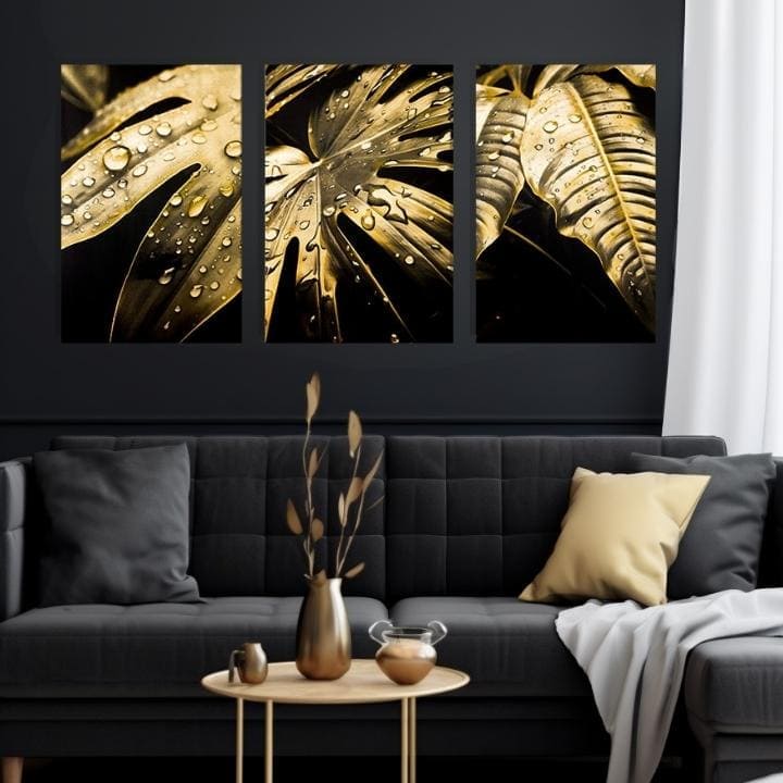 Cu imprimare aurită tablou pe pânză cu motivul Dance of the Gold Leaves, natură în auriu-negru nuanțe, atmosferă luxoasă, natură și impresie de lux – produs