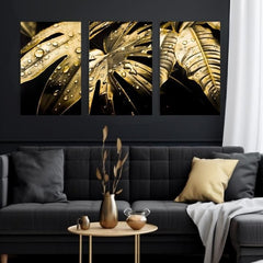 Cu imprimare aurită tablou pe pânză cu motivul Dance of the Gold Leaves, natură în auriu-negru nuanțe, atmosferă luxoasă, natură și impresie de lux – produs