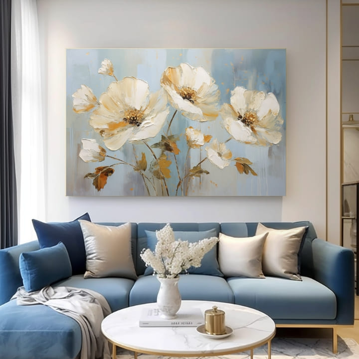 Modern tablou pe pânză cu motivul Prírodná frumusețe, maci, frunze, flori, hartă în crem-albastru nuanțe, atmosferă liniștită, natură și atmosferă de primăvară – produs