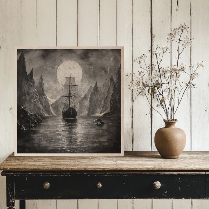 Imaginea pe lemn - Drakkar sub lună