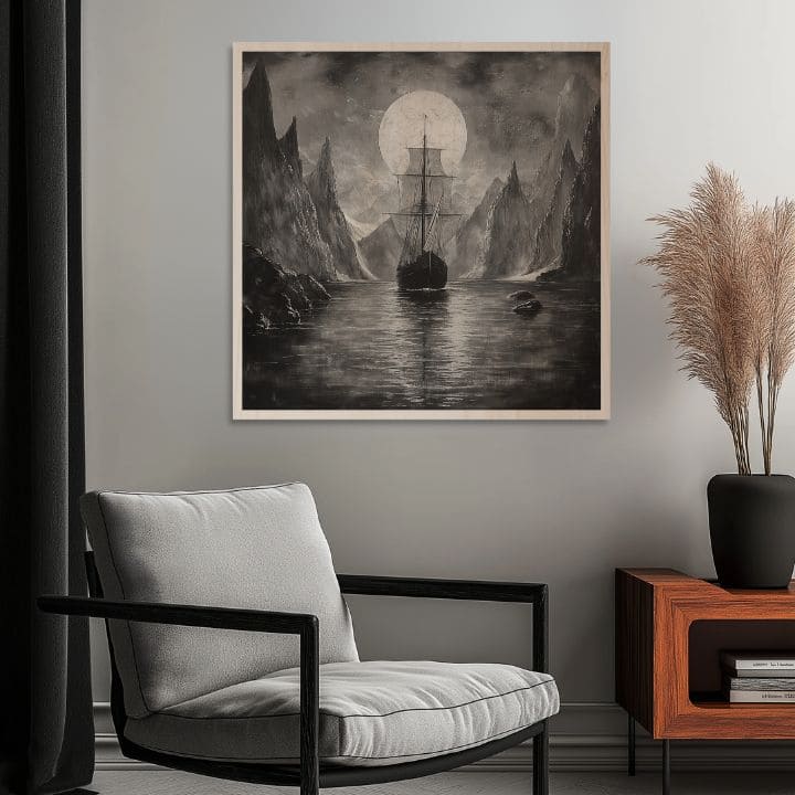 Imaginea pe lemn - Drakkar sub lună