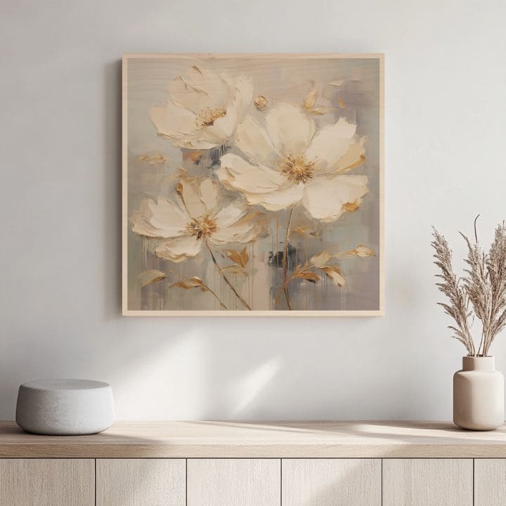 Pictură pe lemn - grădină nordică înfloritoare