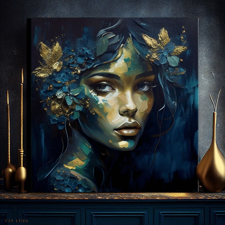 Art deco tablou pe pânză cu motivul Feminine Grace in Motion, flori, fluturi, accente aurii, natură în albastru-verde nuanțe, potrivit pentru birou de lucru – produs