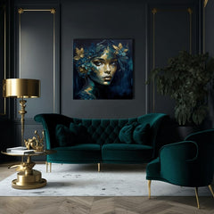 Art deco tablou pe pânză cu motivul Feminine Grace in Motion, flori, fluturi, accente aurii, natură în albastru-verde nuanțe, potrivit pentru birou de lucru – produs, vedere 2