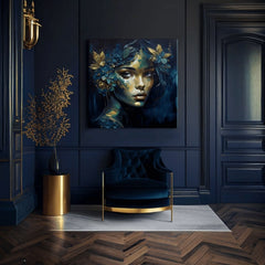 Art deco tablou pe pânză cu motivul Feminine Grace in Motion, flori, fluturi, accente aurii, natură în albastru-verde nuanțe, potrivit pentru birou de lucru – produs, vedere 3