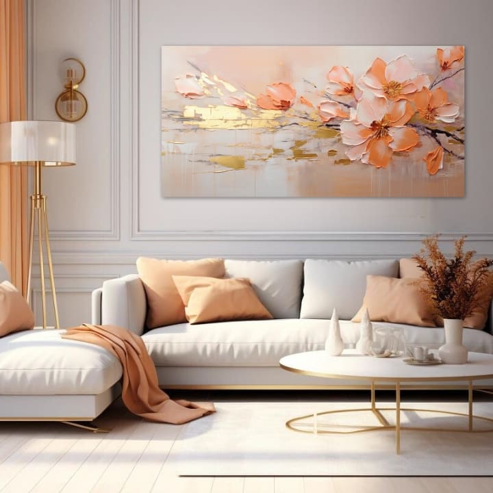 Pictat manual tablou pe pânză cu motivul flori, ramuri, accente aurii, peisaj, natură în bej-auriu nuanțe, atmosferă elegantă, potrivit pentru bucătărie – produs