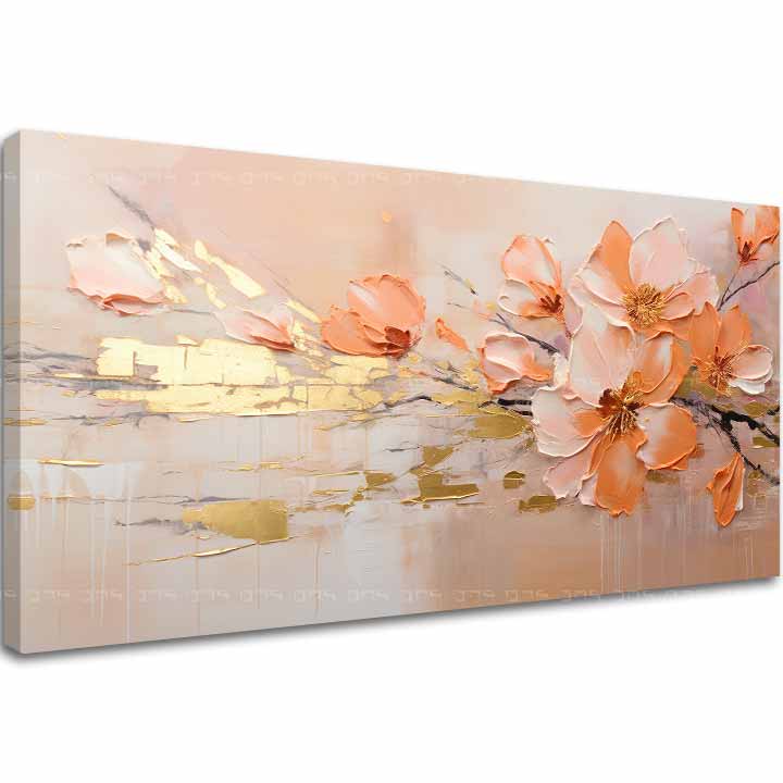 Pictat manual tablou pe pânză cu motivul flori, ramuri, accente aurii, peisaj, natură în bej-auriu nuanțe, atmosferă elegantă, potrivit pentru bucătărie – principală