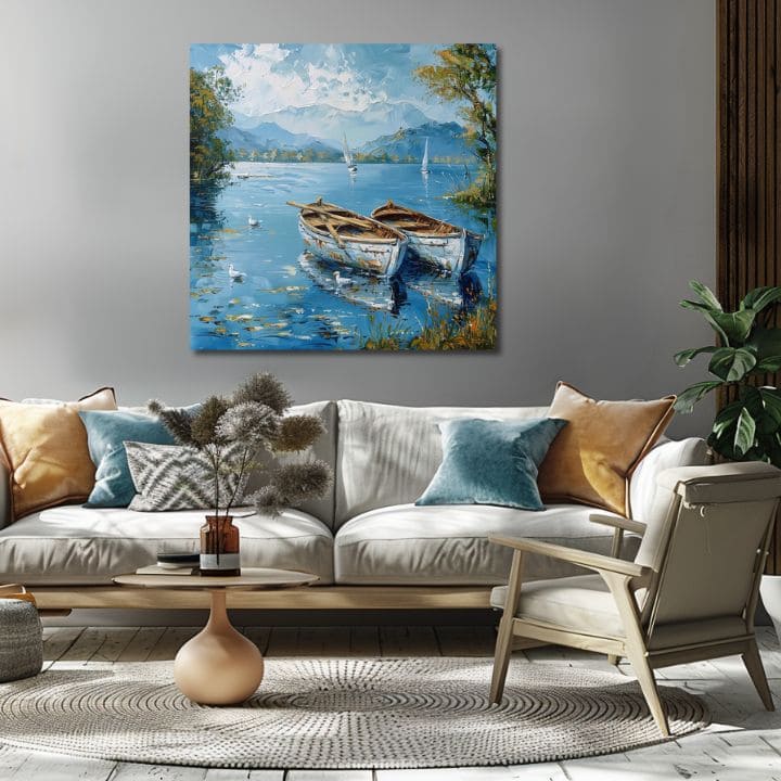 Peisaj pe panza Peisaj cu bărci | Acrilic detalii 60x60 cm