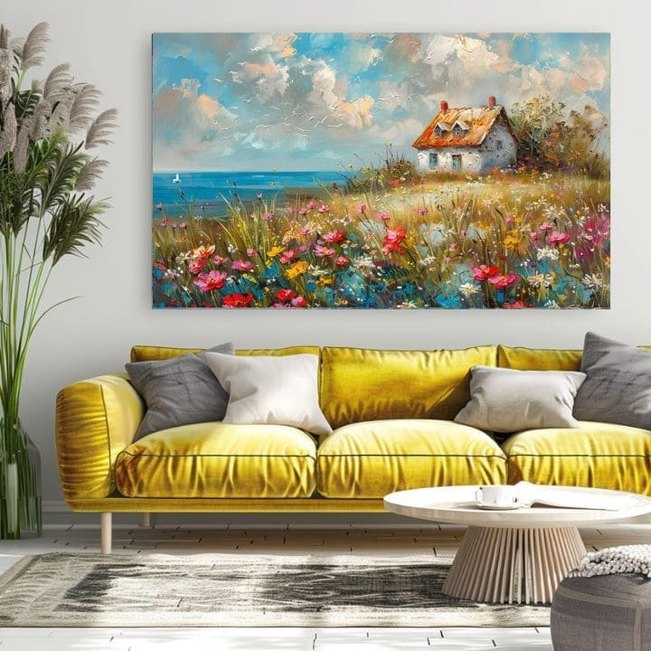 Imaginea unui peisaj pe panza Casa de țară în flori | Acrilic detalii