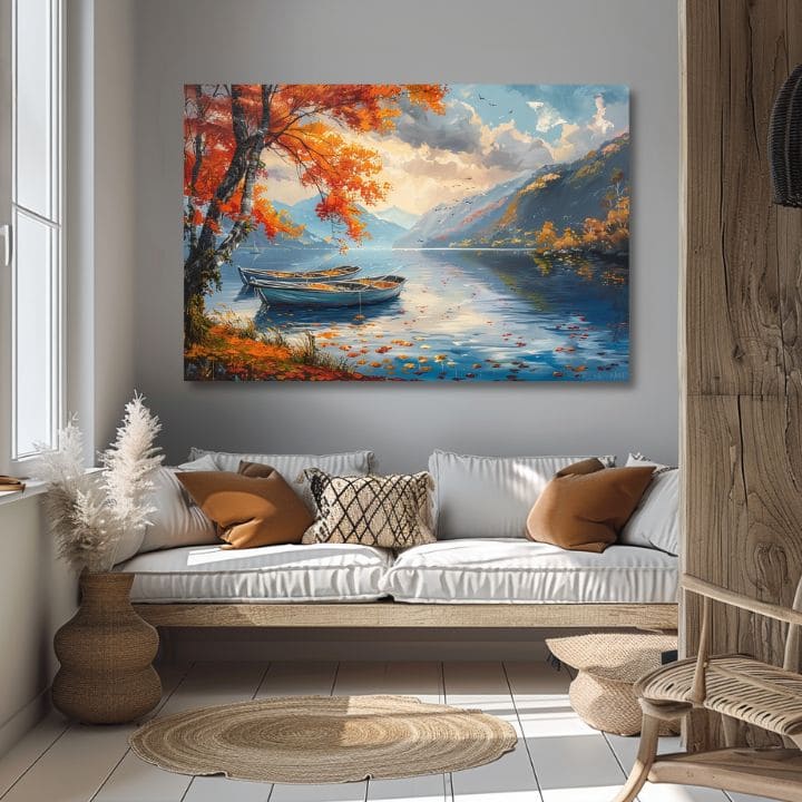 Pictură peisaj pe pânză Frunze de toamnă lângă lac | Detalii acrilice