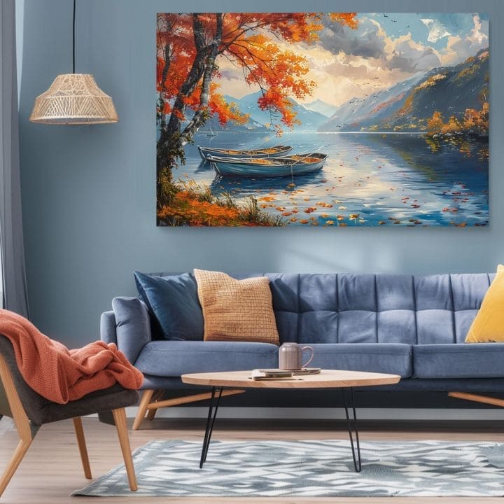 Pictură peisaj pe pânză Frunze de toamnă lângă lac | Detalii acrilice