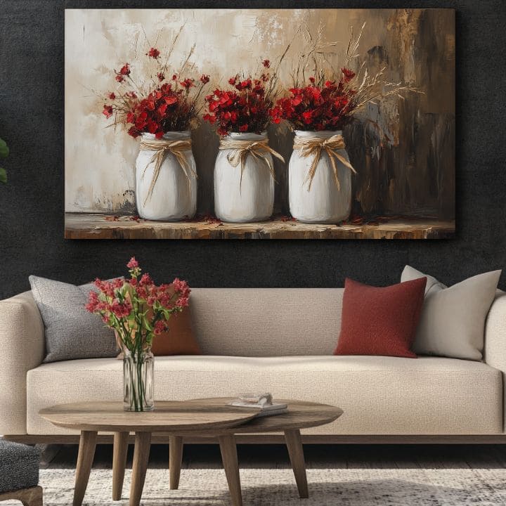 Tablou rustic | Flori sălbatice într-o vază | 100% pictură acrilică originală