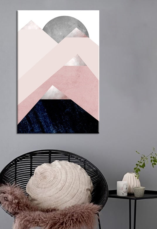 Modern tablou pe pânză cu motivul The Preconceived Air, munți, lună, univers în alb-albastru nuanțe agățat în interiorul dormitor, natură și minimalism – interior