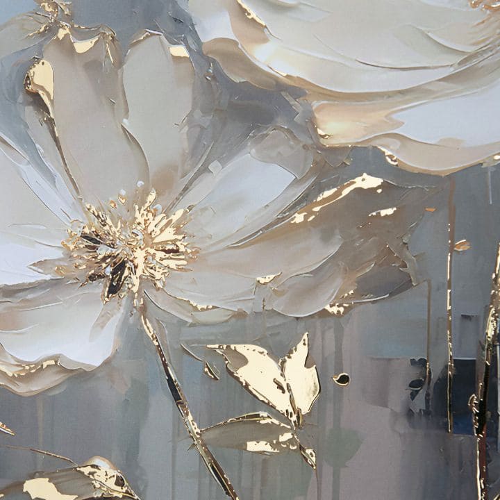 Modern tablou pe pânză cu motivul floare, frunze în crem-auriu nuanțe, atmosferă elegantă, natură și impresie de lux | Poster de perete s EXTRA efektom - Golden Petals – produs, vedere 2