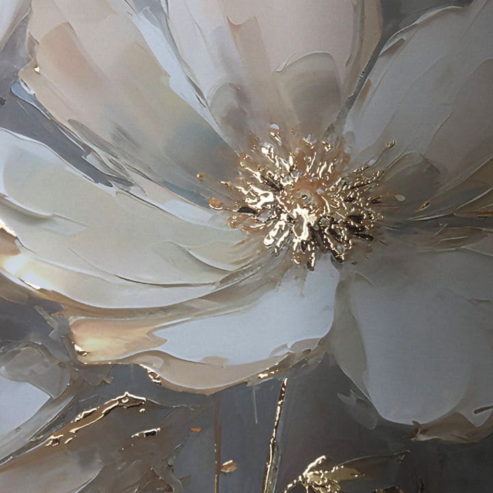 Modern tablou pe pânză cu motivul floare, frunze în crem-auriu nuanțe, atmosferă elegantă, natură și impresie de lux | Poster de perete s EXTRA efektom - Golden Petals – produs, vedere 3