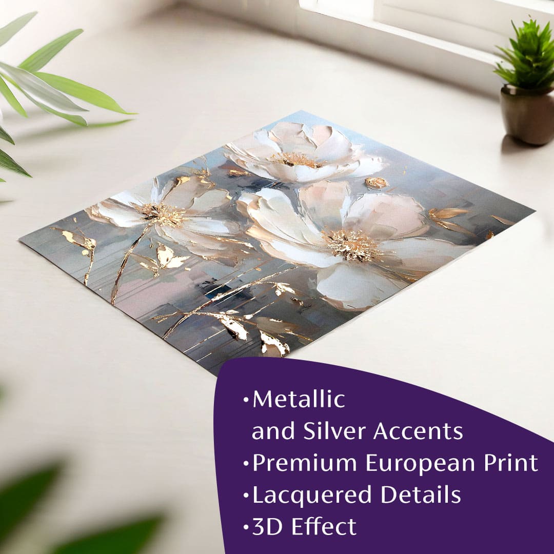 Modern tablou pe pânză cu motivul floare, frunze în crem-auriu nuanțe, atmosferă elegantă, natură și impresie de lux | Poster de perete s EXTRA efektom - Golden Petals – principală