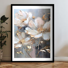 Modern tablou pe pânză cu motivul floare, frunze în crem-auriu nuanțe, atmosferă elegantă, natură și impresie de lux | Poster de perete s EXTRA efektom - Golden Petals – produs