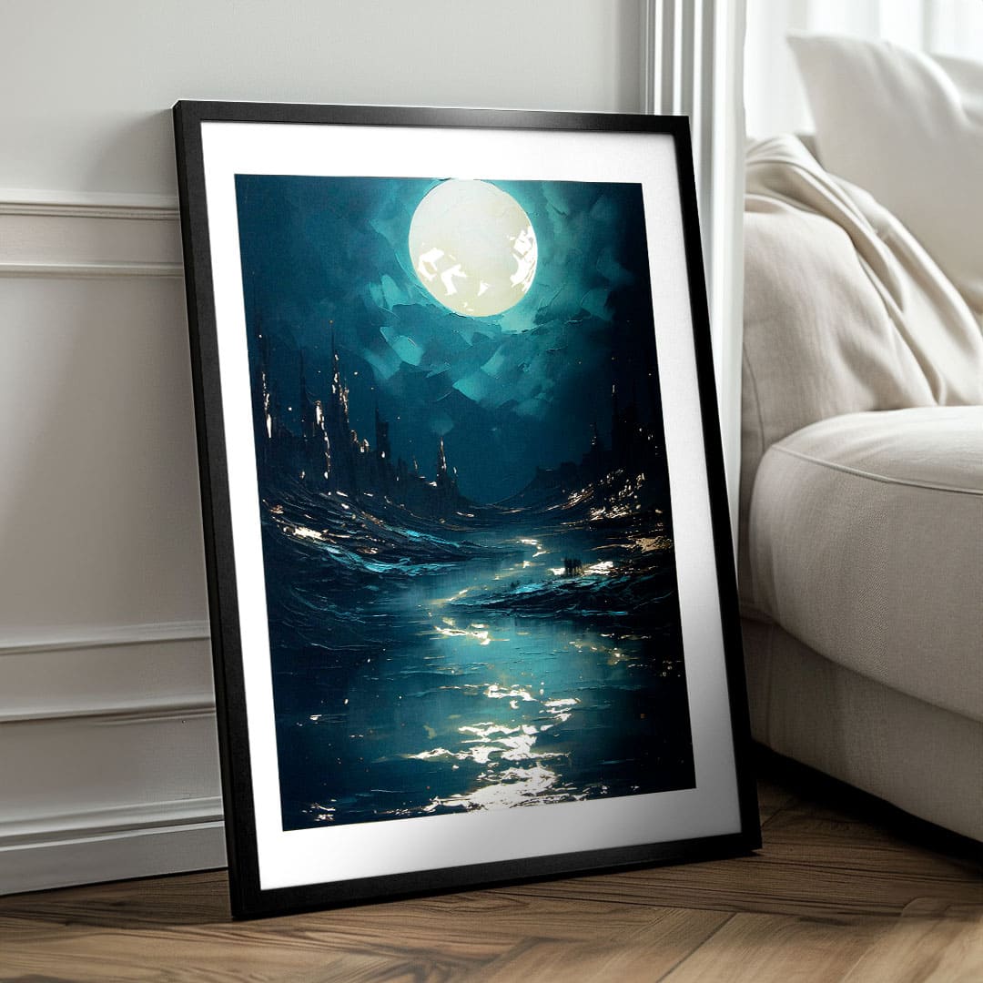 Modern tablou pe pânză cu motivul cer de noapte în negru nuanțe, atmosferă misterioasă, singurătate | Poster de perete s EXTRA efektom - Moonlit Waves – produs