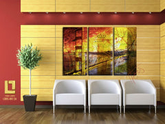 Modern tablou pe pânză cu motivul peisaj, motiv religios în portocaliu-verde nuanțe agățat în interiorul sufragerie, atmosferă energică – interior