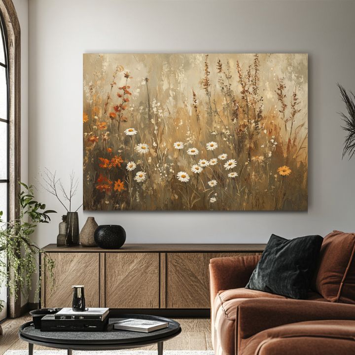 Modern tablou pe pânză cu motivul armonie rustikálnej elegancie, pajiște în alb-maro nuanțe, atmosferă liniștită, natură | Tablou armonie rustikálnej elegancie – produs, vedere 2
