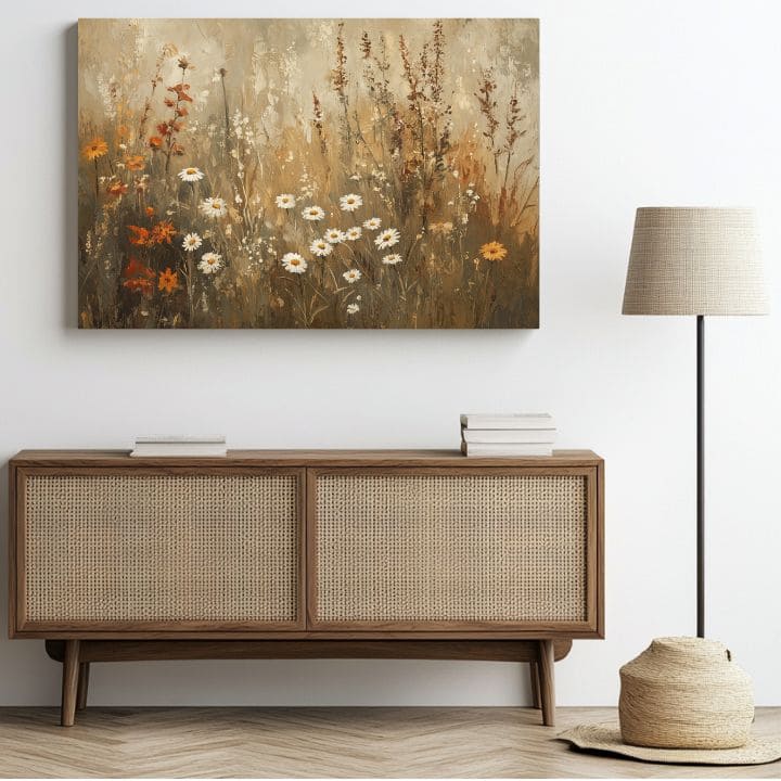 Modern tablou pe pânză cu motivul armonie rustikálnej elegancie, pajiște în alb-maro nuanțe, atmosferă liniștită, natură | Tablou armonie rustikálnej elegancie – produs, vedere 3
