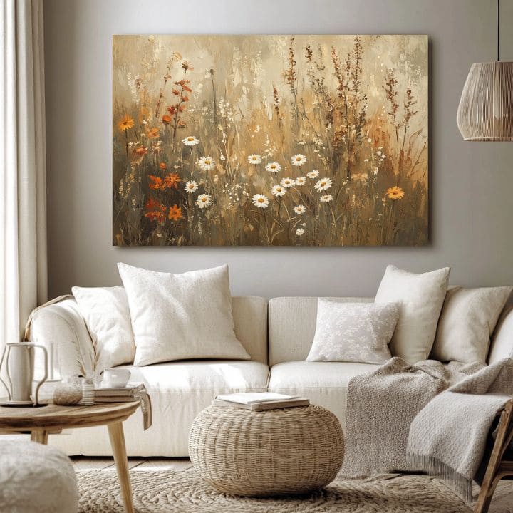 Modern tablou pe pânză cu motivul armonie rustikálnej elegancie, pajiște în alb-maro nuanțe, atmosferă liniștită, natură | Tablou armonie rustikálnej elegancie – produs