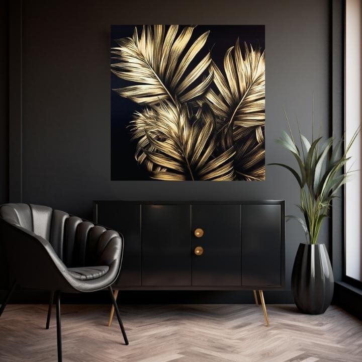 Cu imprimare aurită tablou pe pânză cu motivul Timeless Elegance, natură în auriu-negru nuanțe, atmosferă sofisticată, impresie de lux și paradis tropical – produs