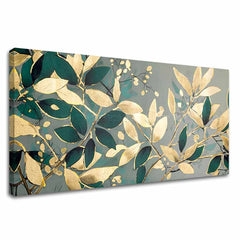 Cu imprimare aurită tablou pe pânză cu motivul Príroda v Odtieňoch Luxusu, frunze, ramuri, natură în gri-verde nuanțe, atmosferă elegantă, potrivit pentru sufragerie – principală
