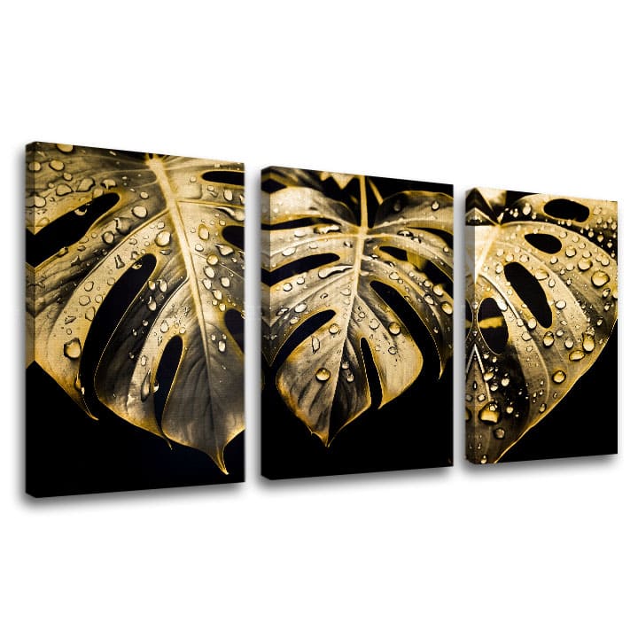 Cu imprimare aurită tablou pe pânză cu motivul A Morning Hug, natură în auriu-negru nuanțe, atmosferă elegantă, execuție cu trei panouri, potrivit pentru birou de lucru – principală