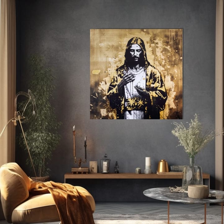 Cu imprimare aurită tablou pe pânză cu motivul Strength of Christ, peisaj, motiv religios în alb-auriu nuanțe, atmosferă festivă, potrivit pentru sufragerie – produs