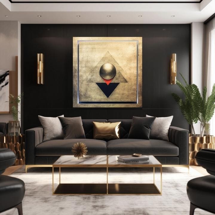 Cu imprimare aurită tablou pe pânză cu motivul Symmetry in Gold în argintiu-auriu nuanțe, atmosferă contemplativă, minimalism, potrivit pentru sufragerie – produs