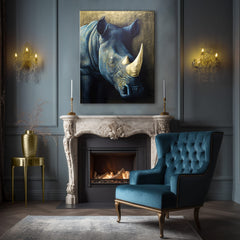 Cu imprimare aurită tablou pe pânză cu motivul Rhino's Armor of the Savanna, animal în albastru-auriu nuanțe, atmosferă maiestuoasă, potrivit pentru birou de lucru – produs