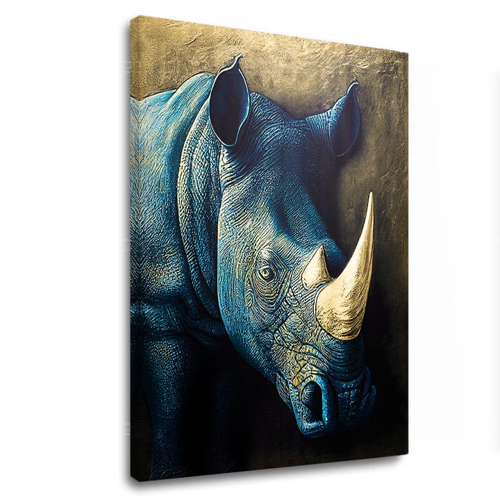 Cu imprimare aurită tablou pe pânză cu motivul Rhino's Armor of the Savanna, animal în albastru-auriu nuanțe, atmosferă maiestuoasă, potrivit pentru birou de lucru – principală